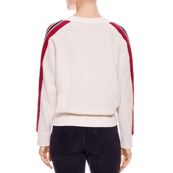 Sandro Paris Briona Gray Wool V-Neck Varsity Stripe Sleeve Pullover Sweater Sz 2 - Picture 8 of 8